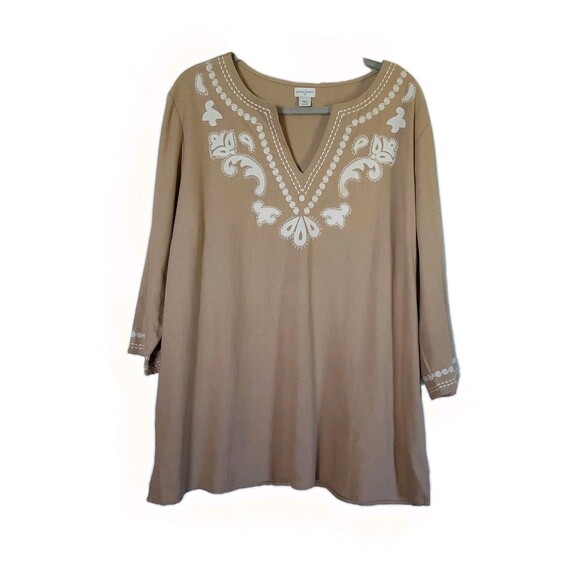 Jaclyn Smith Brown Womens Top Size XXL Linen Blend Boho Embroidered - Picture 1 of 4